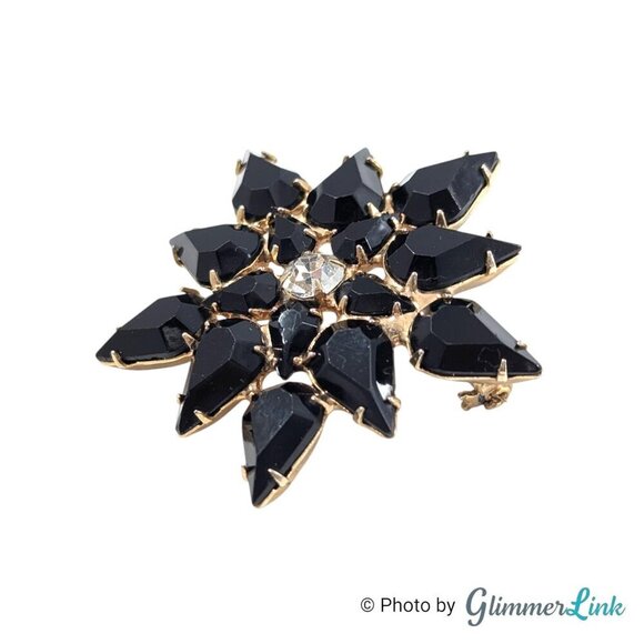 Vintage Black Flower Starburst Star Rhinestones Mid Century Gold Tone Brooch Pin - Picture 3 of 8